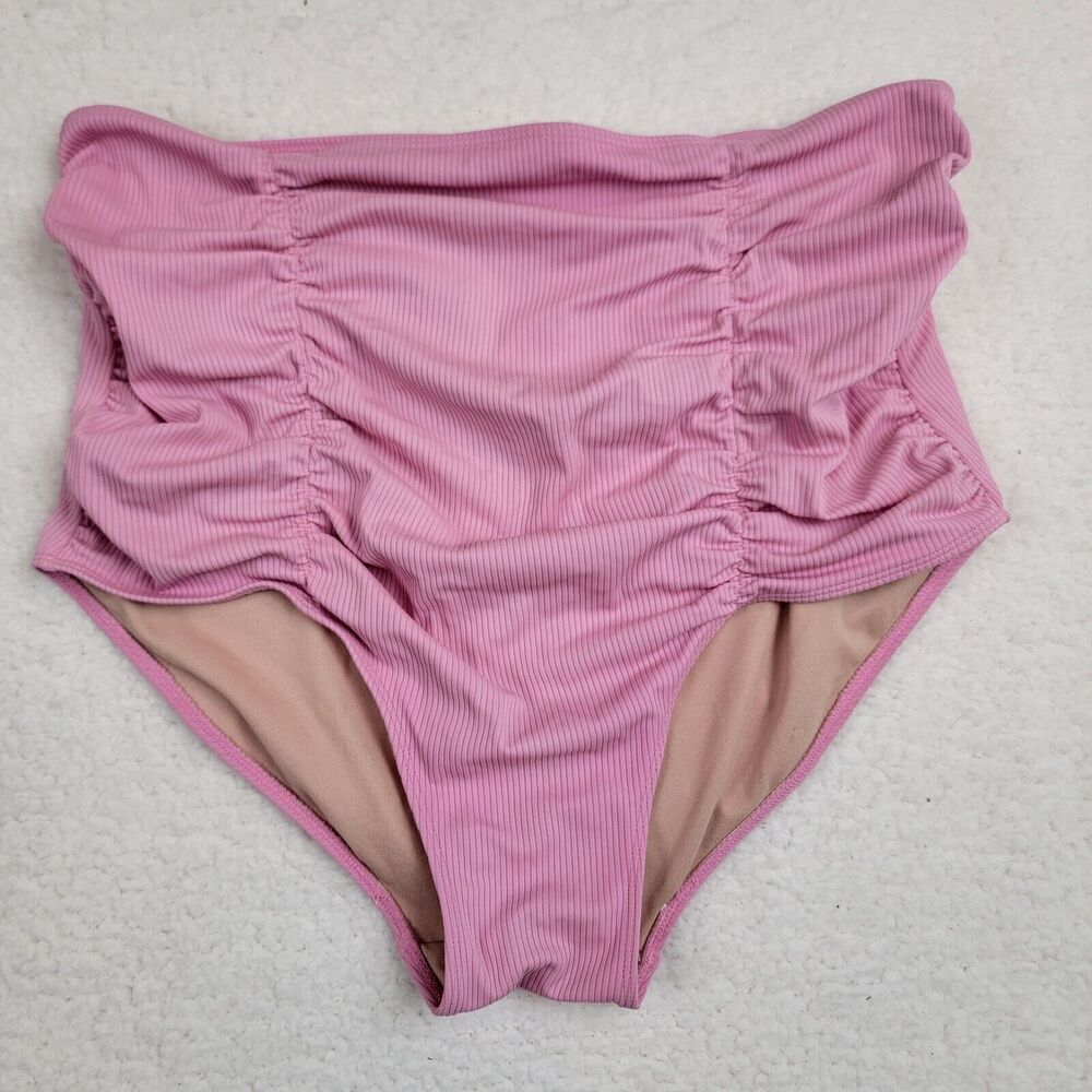 KORTNI JEANE High Waisted Ruched Swim Bottoms WOMENS Large Ribbed Pink